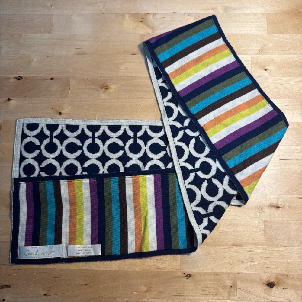 Coach 100% Merino Wool Scarf Colorful Stripes/Navy Cream Logo 5.5”x 55”